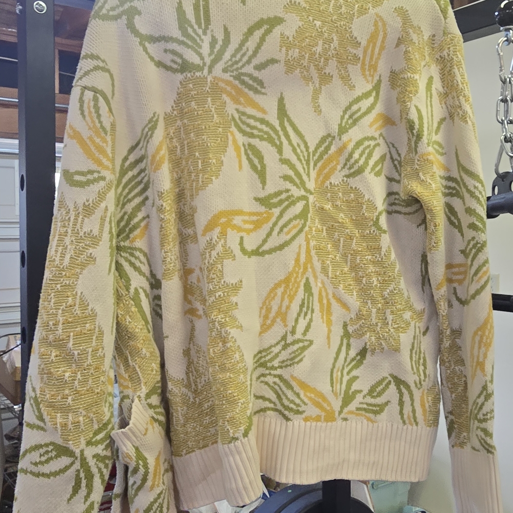 Maeve Anthropologie Pineapple Patterned Cardigan- Cream, Green, Yellow